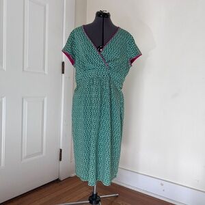 Boden Green Wave Faux Wrap Dress with Pink Trim